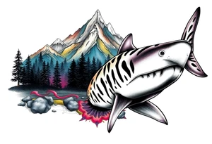 forest mountains in color and tiger shark in black and white tattoo idea