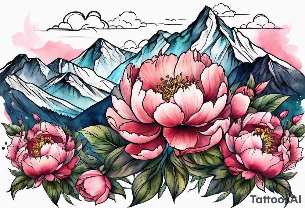 Mountains and peonies tattoo idea