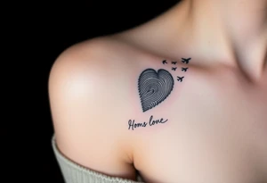 Two fingerprints merged into a heart shape, with the top right edge breaking away into small planes flying into the sky.

Place a signature Beneath the heart in the loved one’s handwriting. tattoo idea
