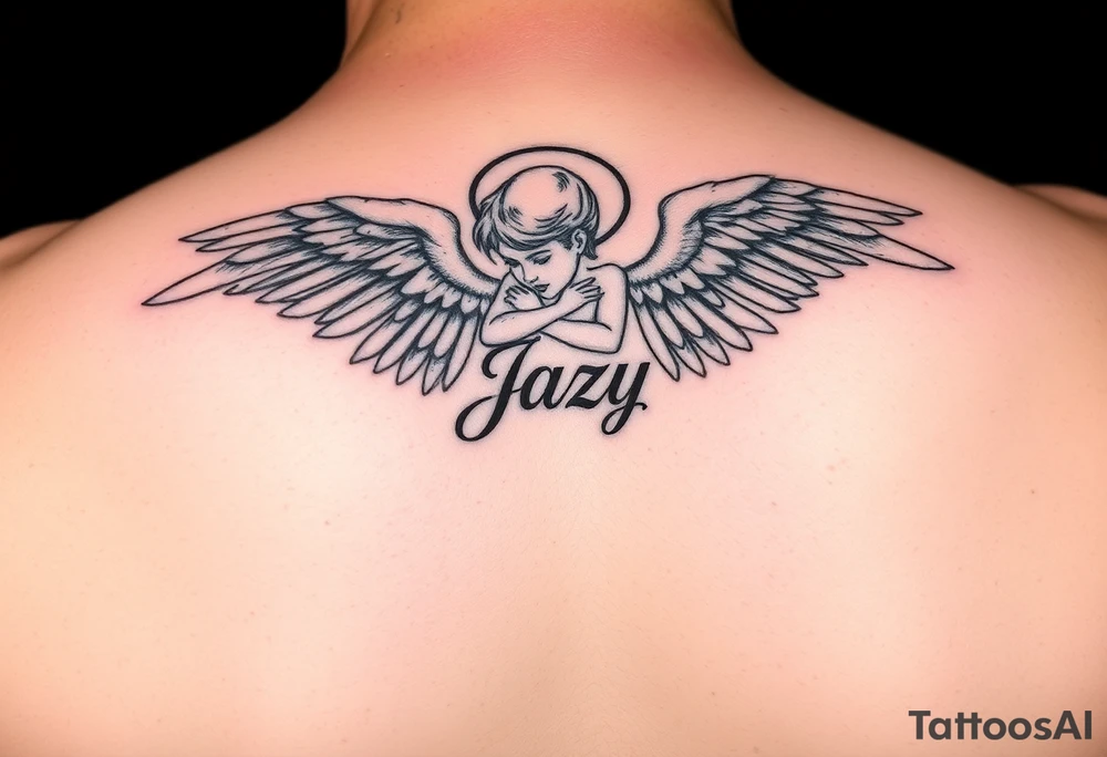 upper shooulder tattoo - Remembrance angel of a deceased best friend with the name Jazy incorporated tattoo idea