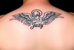 upper shooulder tattoo - Remembrance angel of a deceased best friend with the name Jazy incorporated tattoo idea