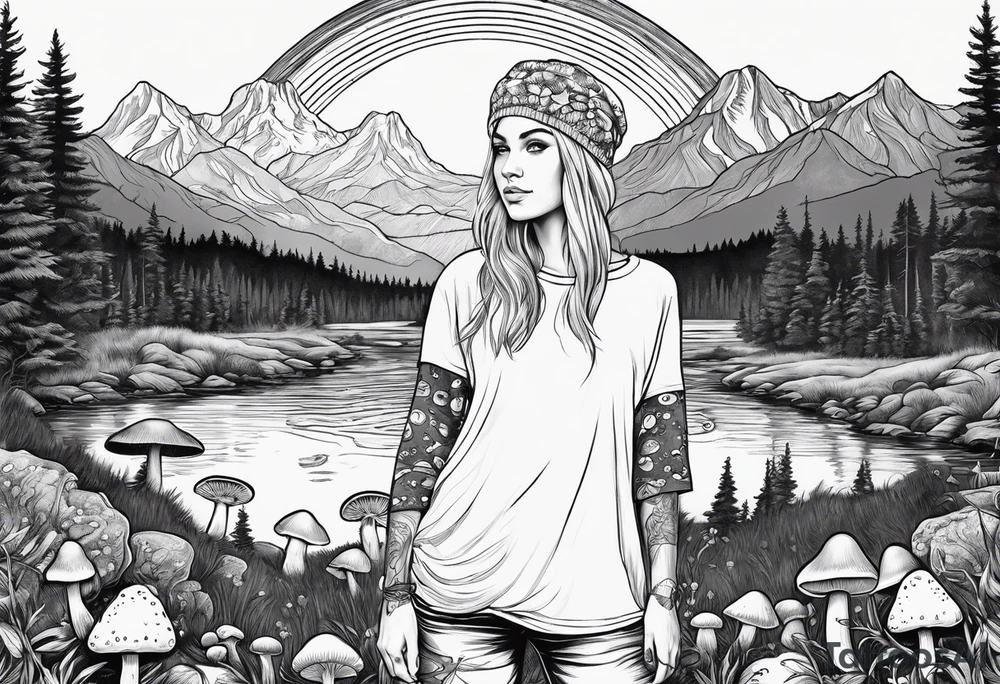 Whole picture encircled fully

Straight long blonde hair hippie girl in distance holding mushrooms in hand facing away toward mountains and creek surrounded by mushrooms long sleeve shirt and hiking pants; whole rendering within a full circle, no cut off circle tattoo idea