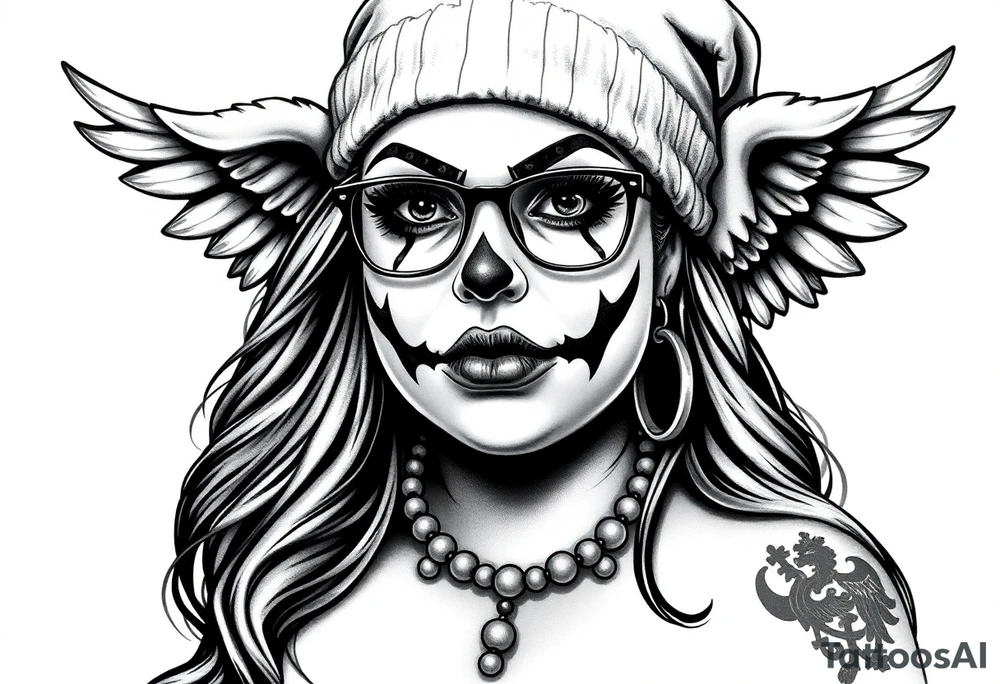 Chicana BBL fat sexy chunky plus size beautiful long hair clown makeup angel wings thug beanie eyeglasses tattoo idea