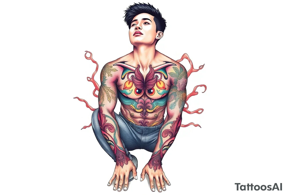 Handsome Asian young guy is standing on his knees and looking down tattoo idea