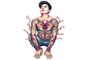 Handsome Asian young guy is standing on his knees and looking down tattoo idea