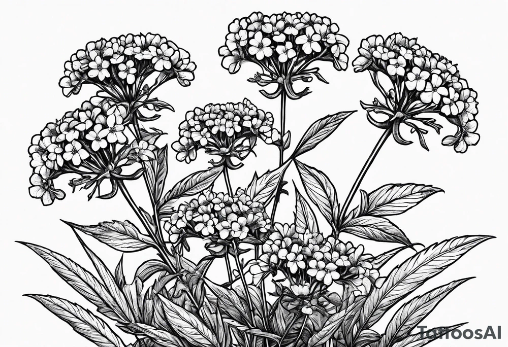 3 Vervain (Verbena) flowers with small leaves around them. tattoo idea