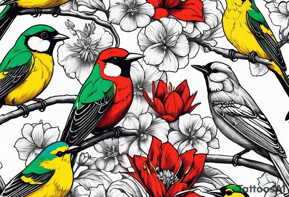 A flower garden with three birds one red cardinal one green and red breasted humming bird and one yellow finch tattoo idea