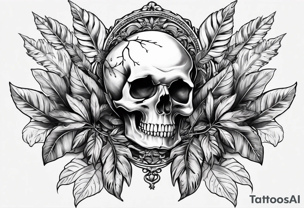 Skull and bones with leafs forearm tattoo idea