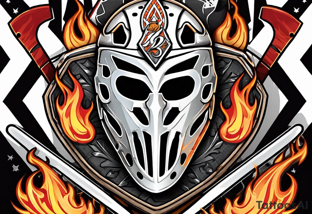 puck hitting a goalie mask with crossed hockey sticks in the background and flames that says "SHOT HOCKEY" tattoo idea