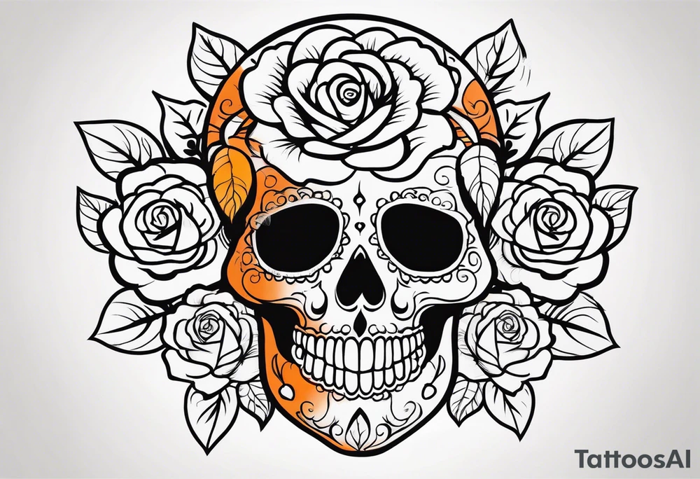 Sugar skull with roses that are orange and black tattoo idea