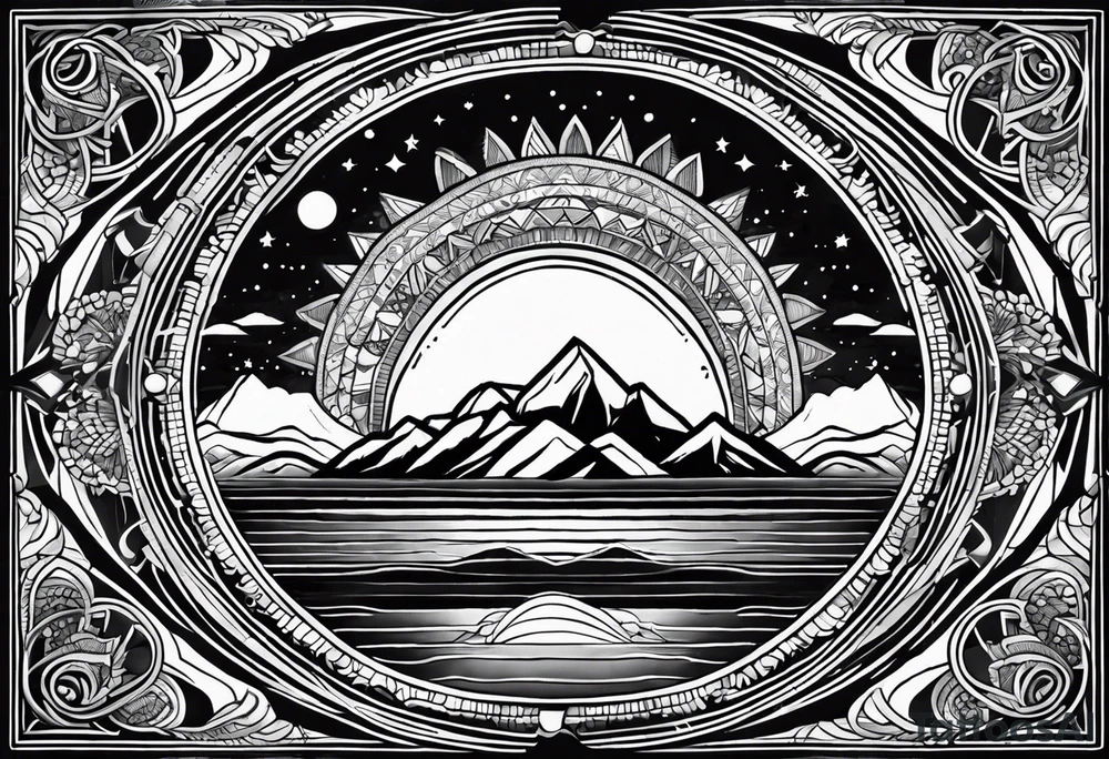 Rectangular arm tattoo around whole upper arm. Mandala inspired Design. Mountains, sea, Sky and moon are depicted. But everything seems to be upside down tattoo idea