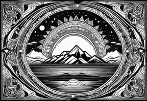 Rectangular arm tattoo around whole upper arm. Mandala inspired Design. Mountains, sea, Sky and moon are depicted. But everything seems to be upside down tattoo idea