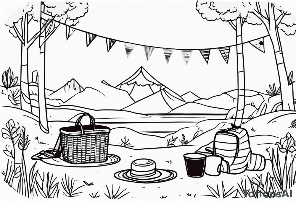 picnic scene in nature with a blanket, a basket, a backpack and party pennants. Thin lines. tattoo idea