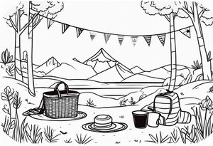 picnic scene in nature with a blanket, a basket, a backpack and party pennants. Thin lines. tattoo idea