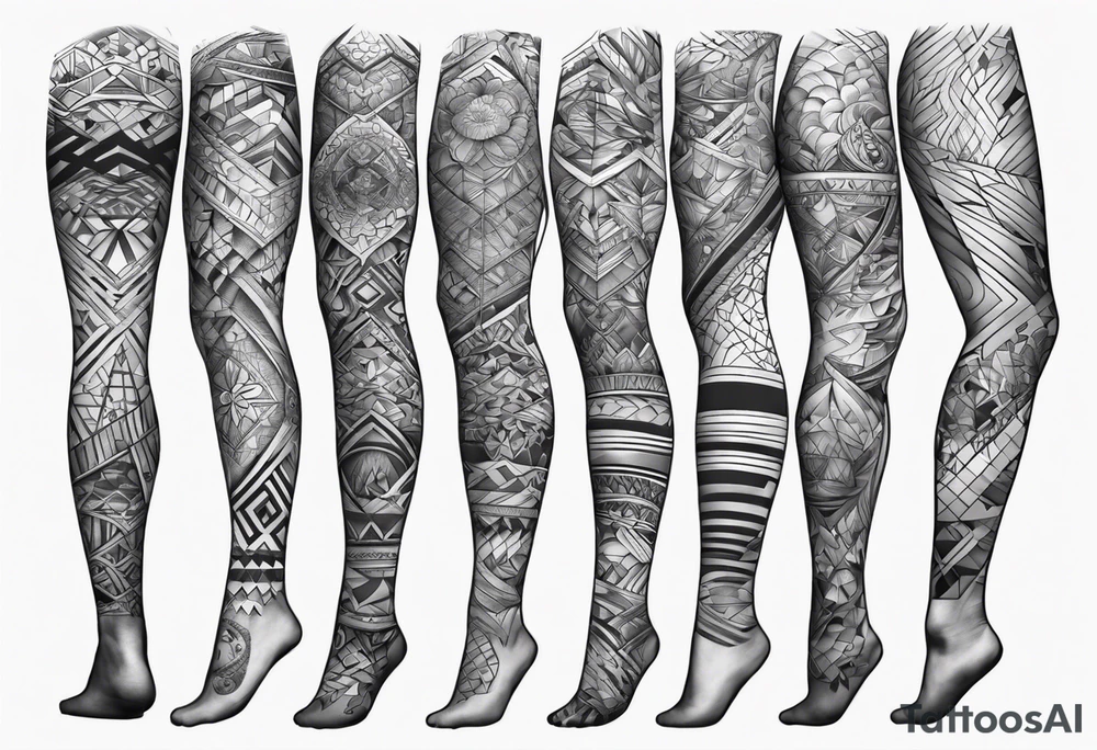 Mix match geometric full leg sleeve male tattoo idea