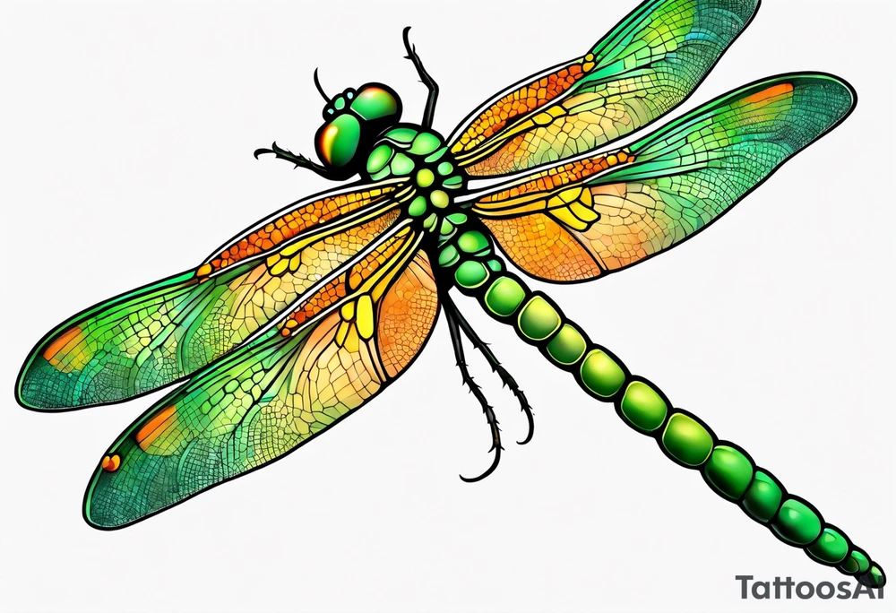 green and orange dragonfly on a twig tattoo idea