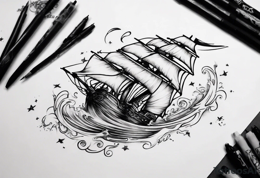 Create a tattoo blending the musical Hamiton and the movie Treasure Planet and the Lyrics "Dying is Easy, Living is Harder" and "I'm still here" tattoo idea