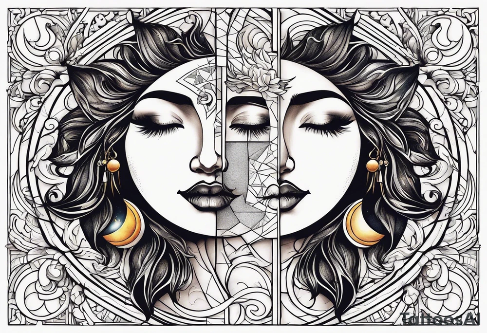 sun and the moon, the overlap
the sun has a woman's half 
face, and the moon, a man's face half making a single face tattoo idea