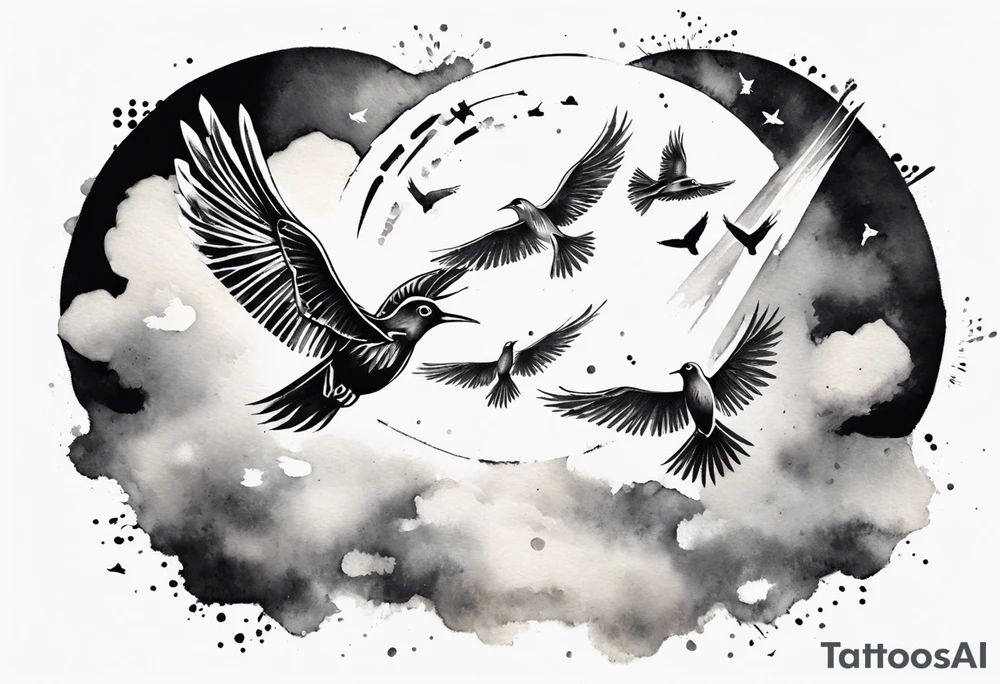 shoulder tattoo with light rays with birds flying free among the clouds, round shape, 3d effect tattoo idea