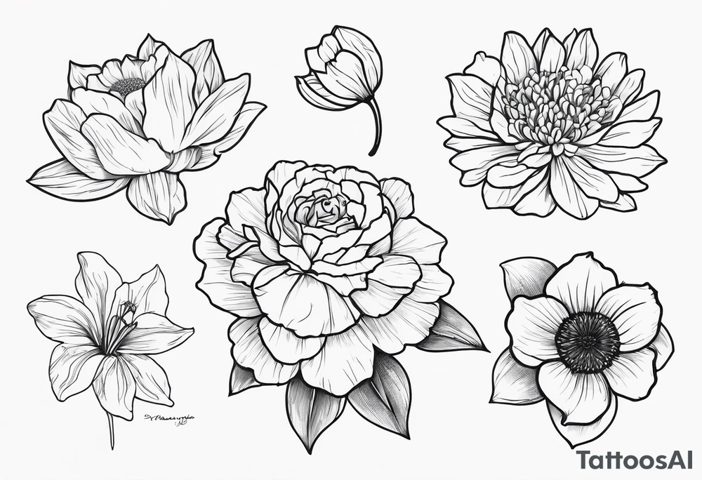 small minimal black and white tattoo of a flower bouquet that MUST include 6 DIFFERENT flowers with ONE OF EACH: a carnation, a daffodil, a lily stock, a rose, a cosmos, and a chrysanthemum. tied together with a small bow tattoo idea