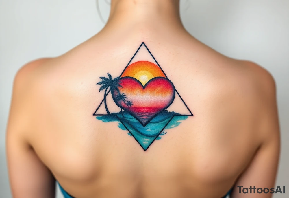 A triangle with a big heart in the center with an ocean theme and palm trees tattoo idea