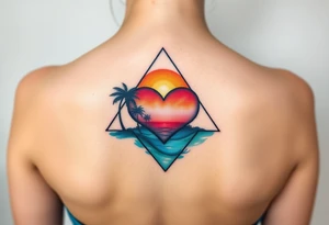 A triangle with a big heart in the center with an ocean theme and palm trees tattoo idea