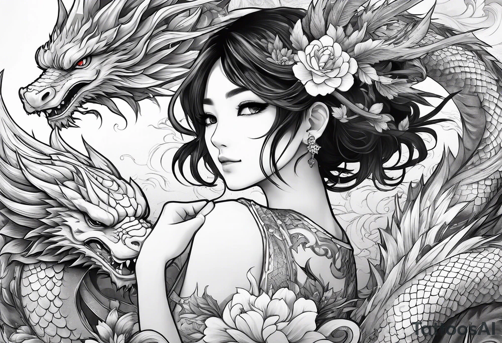 a full shot of an anime girl seen from far, surrounded by asian dragon with wings tattoo idea