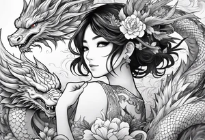a full shot of an anime girl seen from far, surrounded by asian dragon with wings tattoo idea