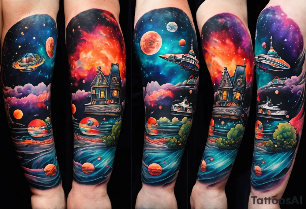 Tattoo featuring space featuring spaceships and featuring water in galaxy colours featuring animals featuring Amsterdam tattoo idea