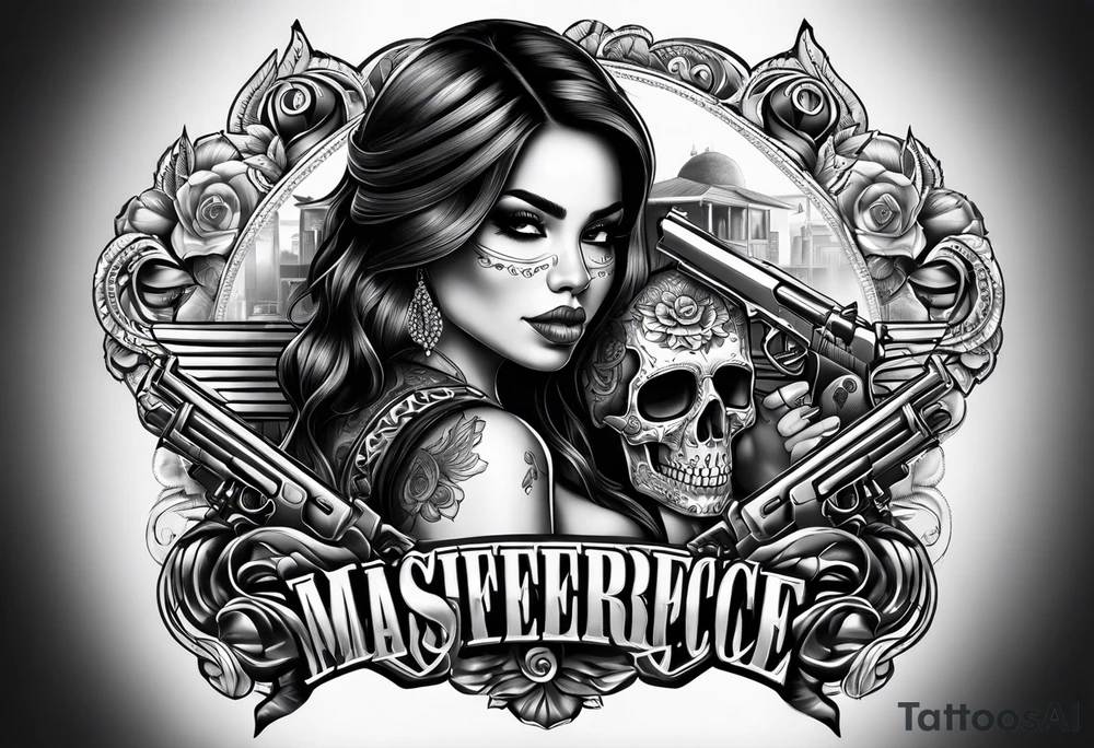 Chicano girl , skull , gun tattoo idea