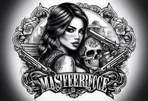 Chicano girl , skull , gun tattoo idea