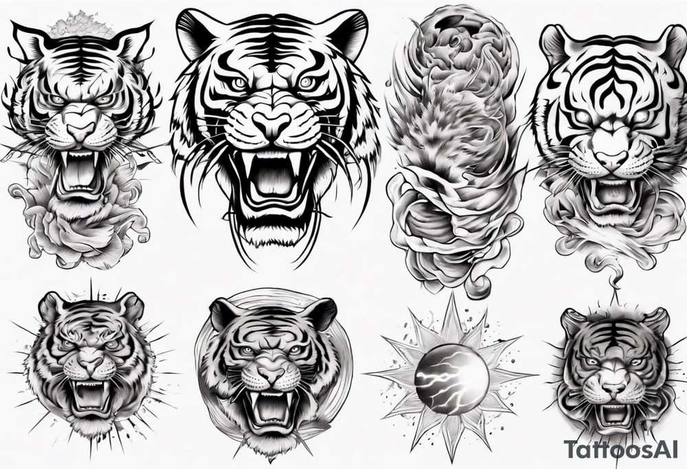Tiger sleeve tattoo with lightning and the sun tattoo idea