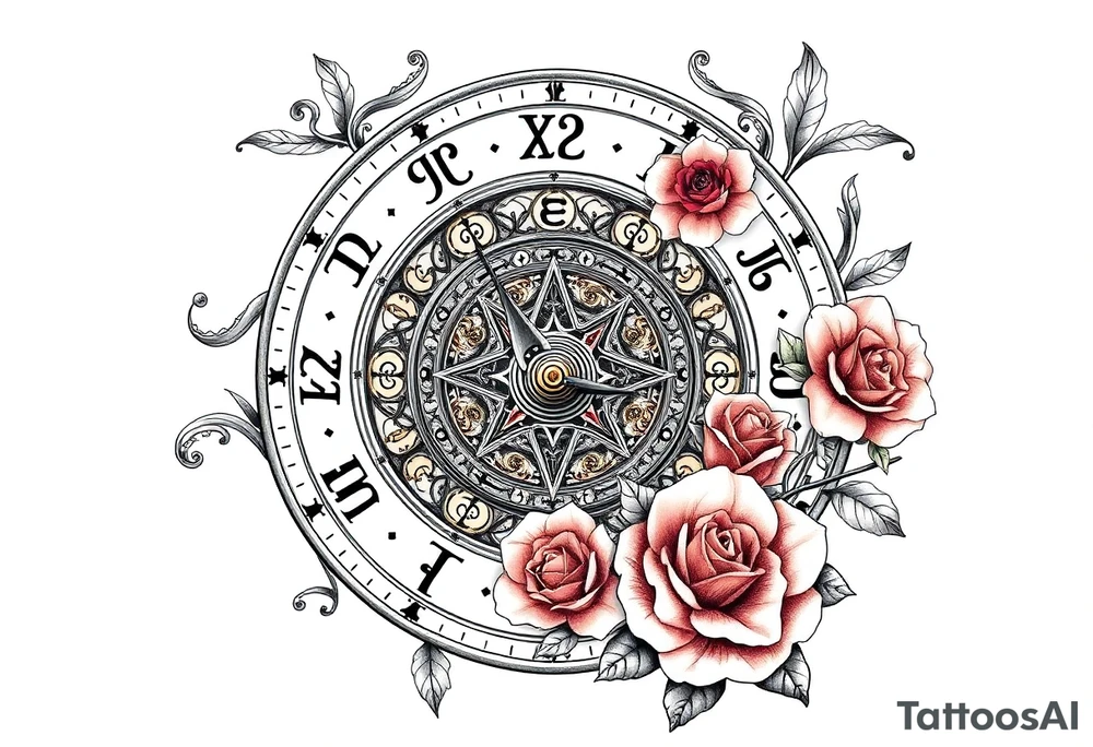 zodiac symbols and Norse runes within ornate clockwork mechanism with roses lilly sunflowers tattoo idea