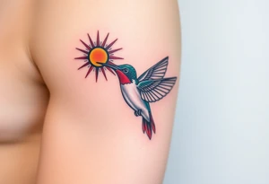 A hummingbird with Ra’s solar disk above its head(only red , blue and black are possible colors) tattoo idea