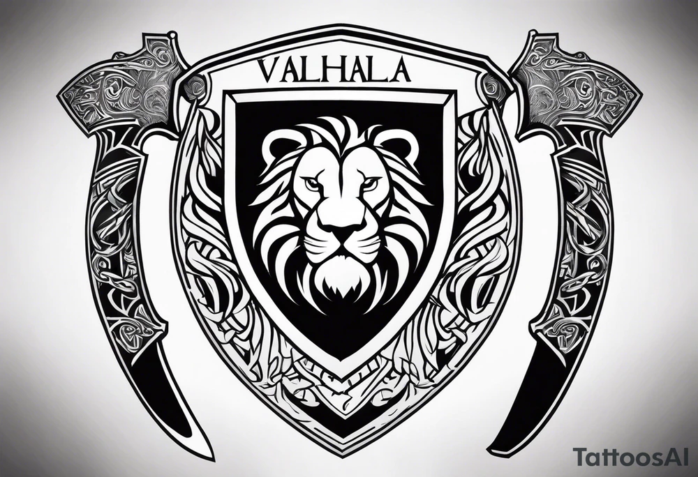 Valhalla sword shield lion 
 axe tattoo idea
