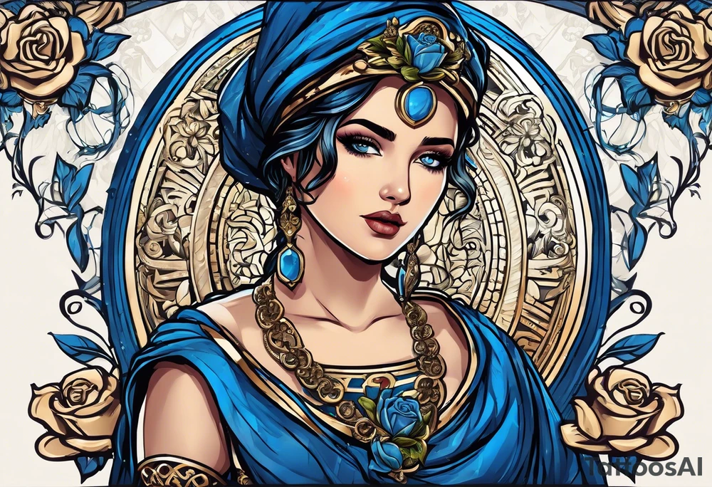 ancient rome clothes ,women,,ancient scale in one hand, blue rose frames, ladies justicia ,keeps  scale tattoo idea