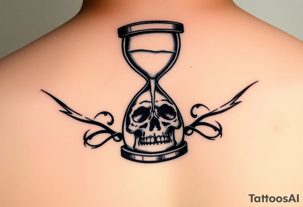 An hourglass with a skull at the bottom that the sand is pouring into tattoo idea