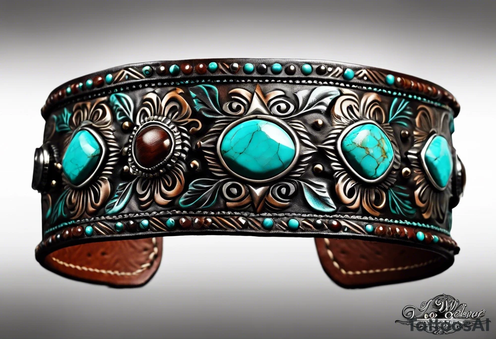 Leather Tooled Cuff Western with turquoise Jewls a stock tag with G/L on it and the words "I do not and will not fear tomorrow because I feel as though today has been enough. tattoo idea