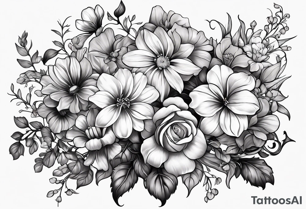 black and gray bunch of flowers that include violets, daffodils, daisies, roses, morning glorys, marigolds, chysanthemums tattoo idea