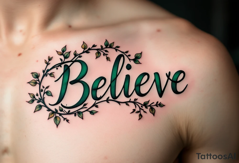 "Believe" in dark green with vines wrapping around the letters, representing nature's resilience and growth. tattoo idea