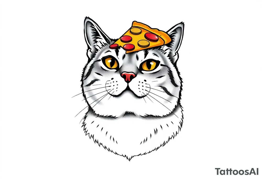 fat grey tabby cat portrait with chessy pizza slice on its head tattoo idea