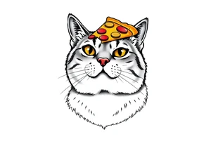 fat grey tabby cat portrait with chessy pizza slice on its head tattoo idea