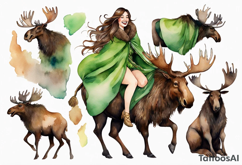 a watercolor of a curvy woman with long brown hair and brown skin and green eyes wearing a fur cloak laughing riding on the back of a moose tattoo idea