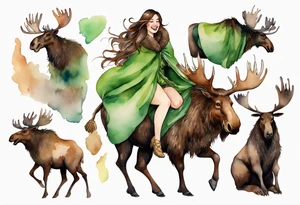a watercolor of a curvy woman with long brown hair and brown skin and green eyes wearing a fur cloak laughing riding on the back of a moose tattoo idea