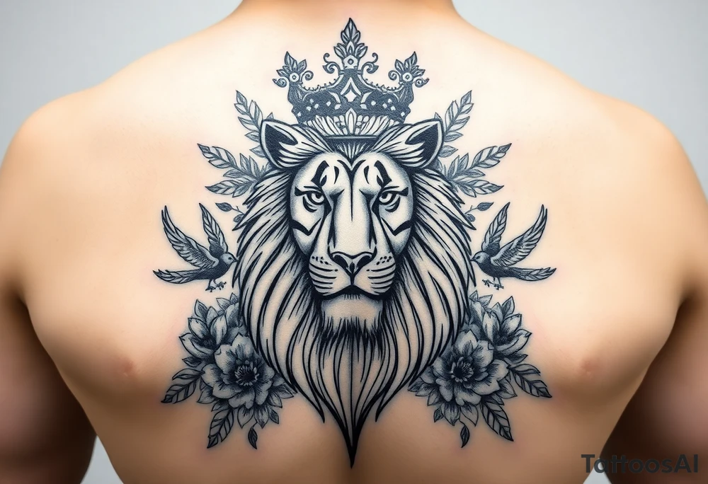 powerful majestic lion with a crown, surrounded by floral ornaments and birds tattoo idea