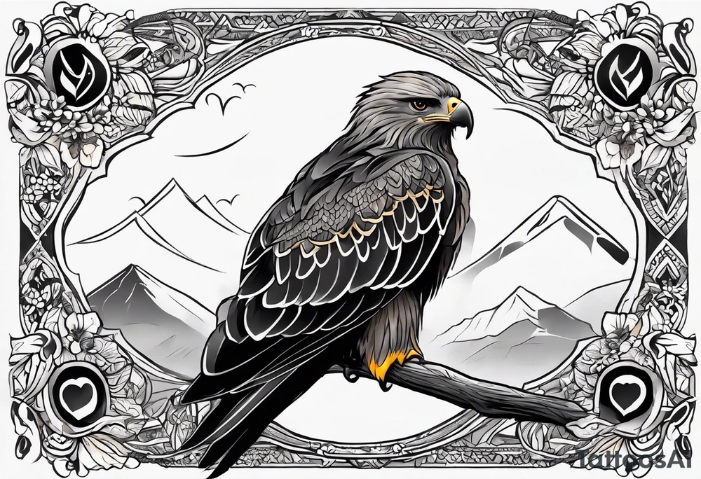 I want a tattoo for my daughter, her name is Daya which means black kite. I also love natur and I'm a climate change activist. Make the black kite soft, little more child like. For small tattoo. Lass details. Add climate element's. Colorfull and happy tattoo idea