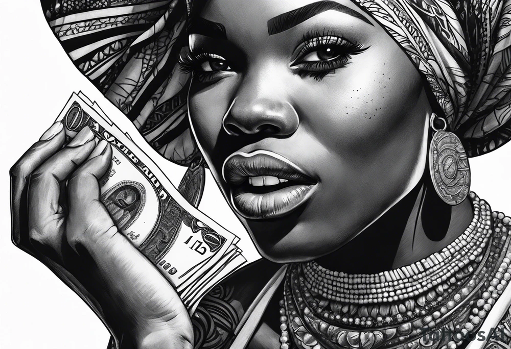 african woman biting money tattoo idea