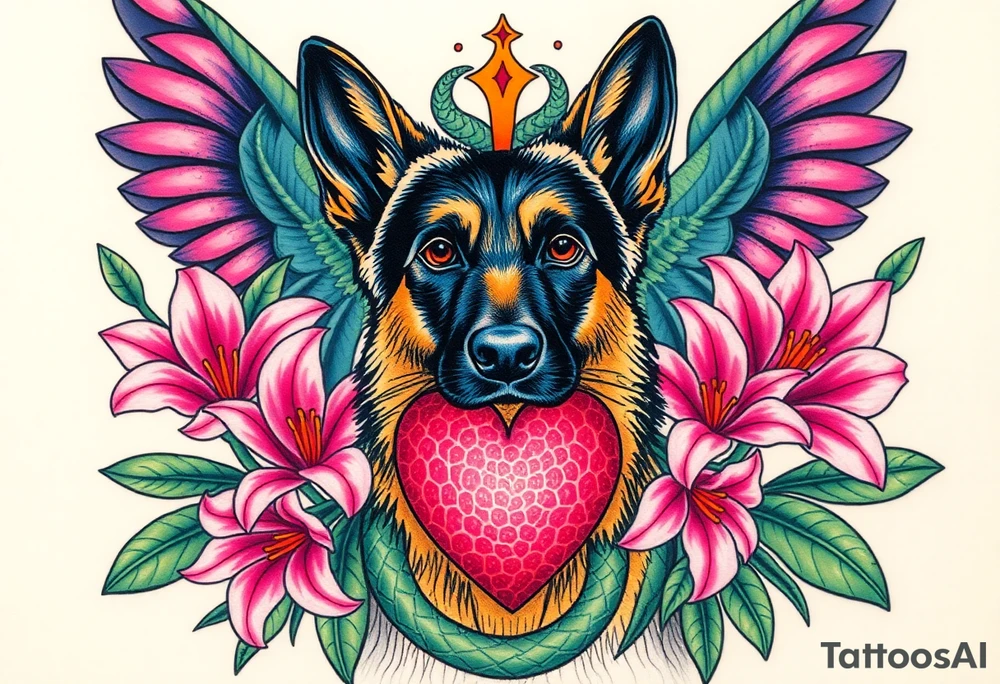 realistic german shepherd with alert ears looking protective surrounded by pink lilies with leaves in front of a serpent sacred heart tattoo idea