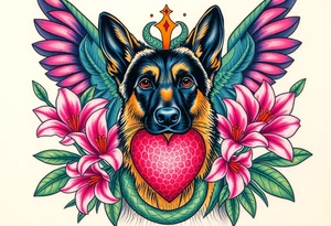 realistic german shepherd with alert ears looking protective surrounded by pink lilies with leaves in front of a serpent sacred heart tattoo idea