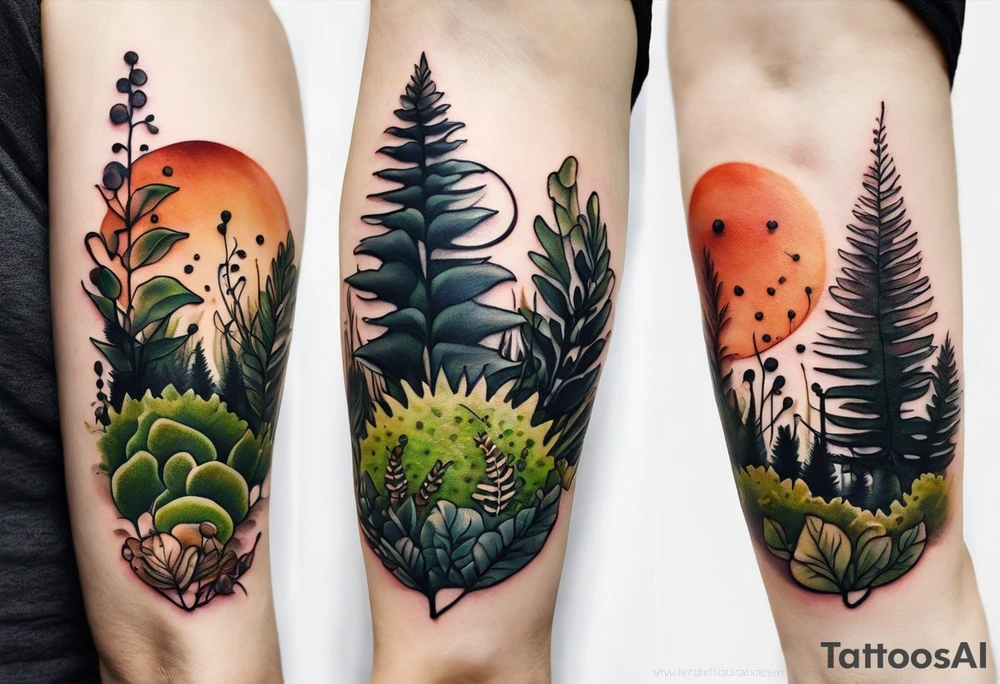 minimalistic forest floor inspired tattoo, which includes grass, moss, curly ferns and dead leaves as the bulk of the tattoo. details to include: forest berries, couple of very small brown mushrooms, a tiny bumblebee flying nearby tattoo idea